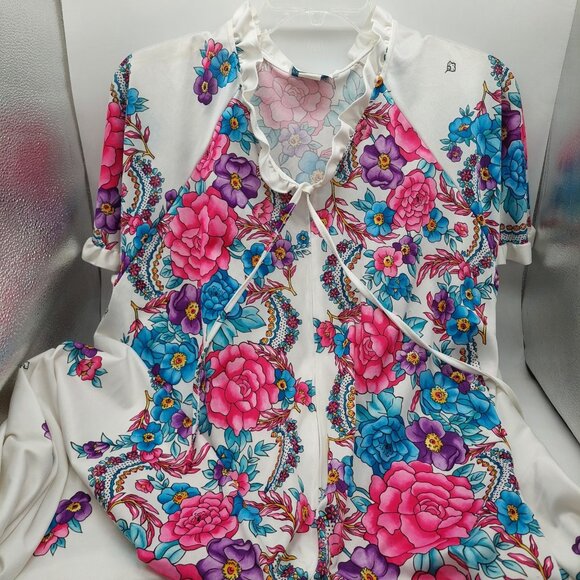 Village Fair White Floral Robe Large  / XL 16 - 22 Kaftan House Dress Length 52" - Picture 9 of 11